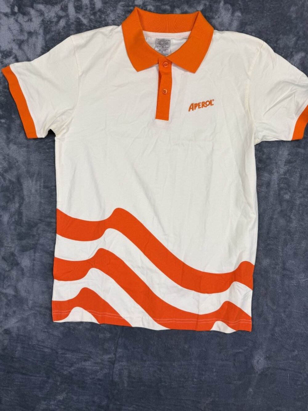 Aperol Polo Shirt White & Orange Wave Design Organic Cotton Slim Fit S